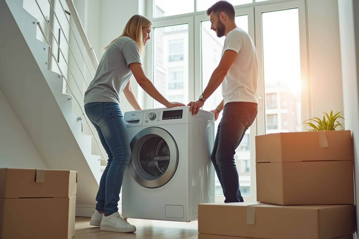 Deux personnes portant un lave-linge dans un intérieur moderne