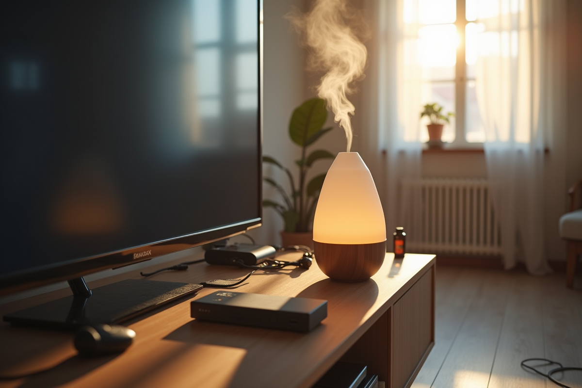 Diffuseur d huiles essentielles sur une télévision dans le salon