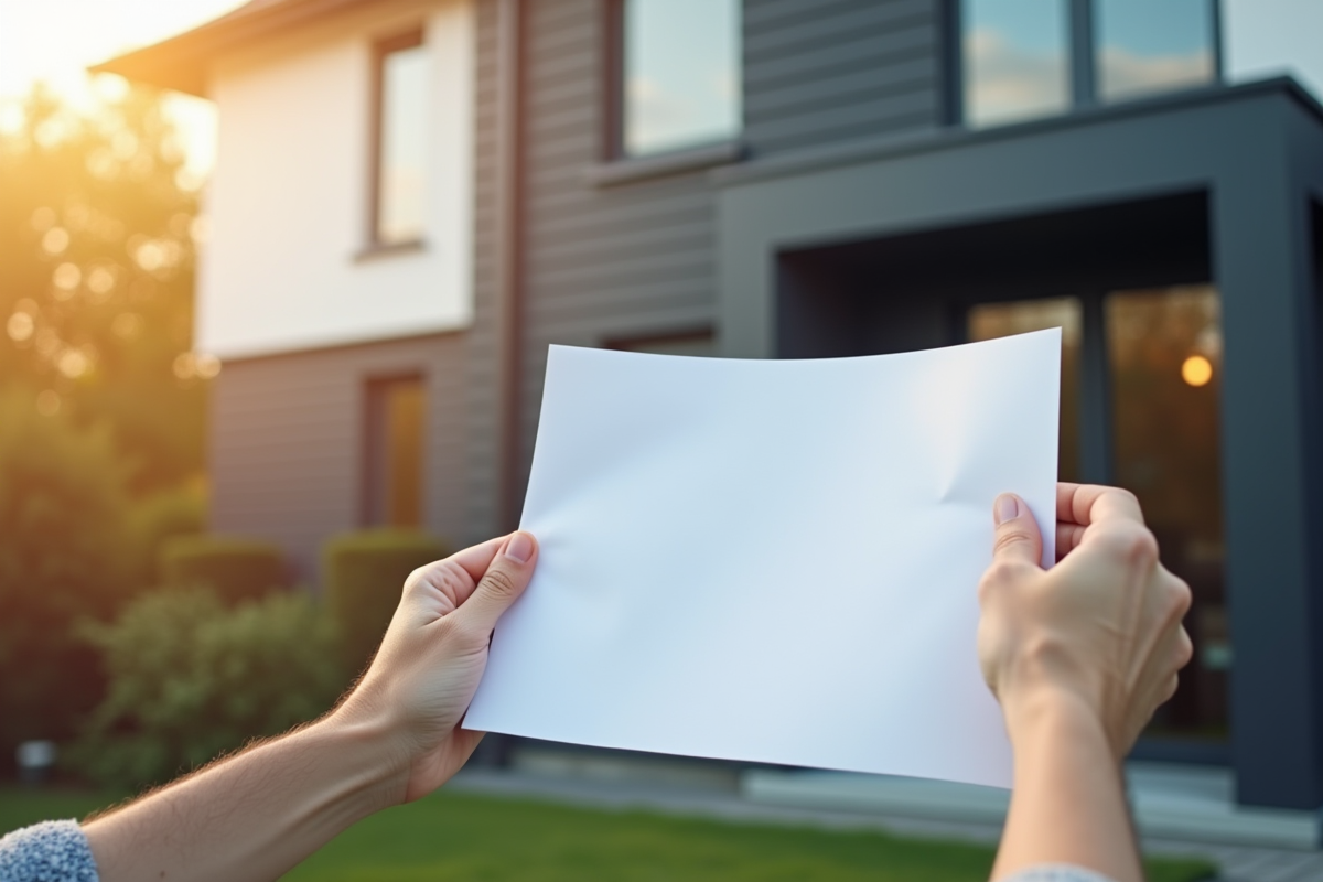 Mains tenant un document officiel devant une maison moderne