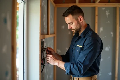 Électricien homme en train d'installer des gaines électriques