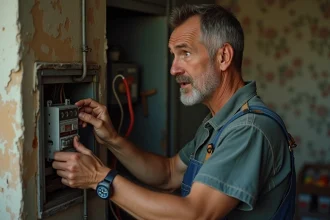 Électricien homme en travail examinant une vieille boîte électrique