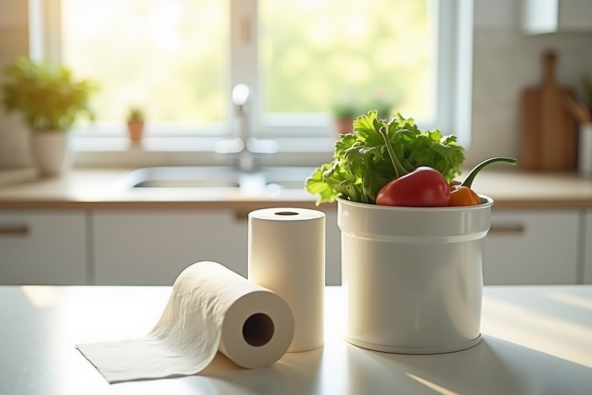 Rouleau d'essuie-tout écologique à côté d'une poubelle de compost dans une cuisine lumineuse