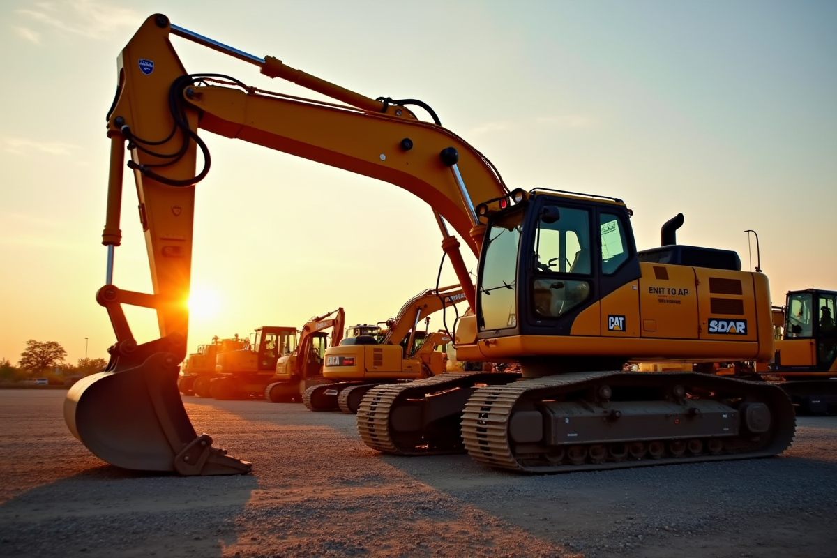 Excavateur garé au lever du soleil avec autres machines de chantier