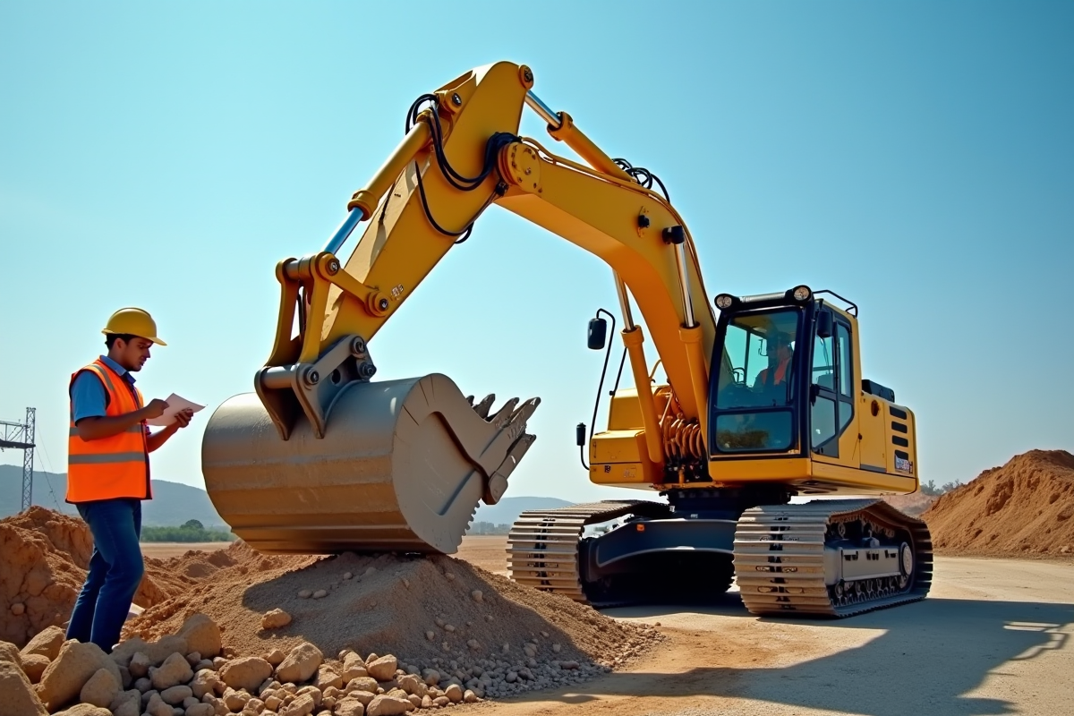Excavatrice jaune sur un chantier avec ouvrier en vestiaire de sécurité