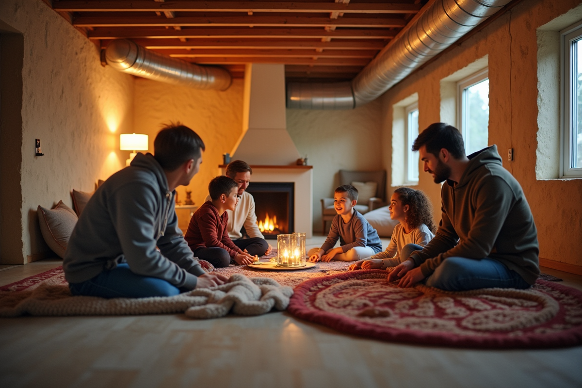 Famille arrangeant des couvertures dans un sous-sol en construction