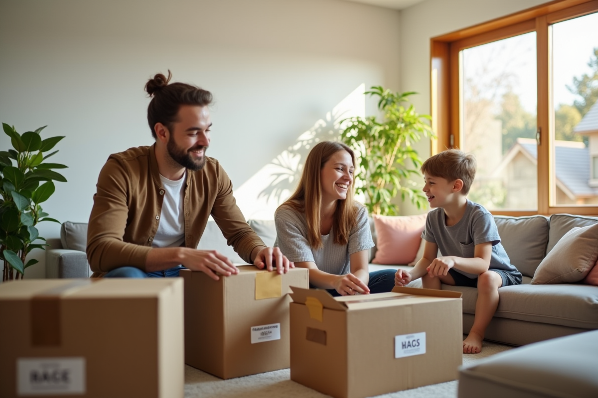 Famille souriante emballant des cartons dans un salon lumineux