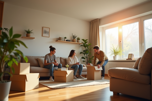 Famille arrangeant objets dans leur nouveau salon lumineux