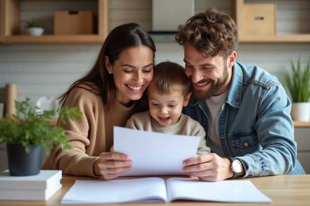 Famille souriante organise des papiers dans une cuisine moderne