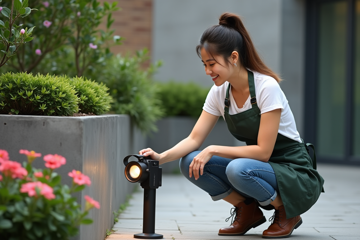 Jeune femme ajustant un projecteur dans un jardin urbain