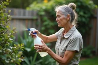 Femme en extérieur arrosant des mures sauvages avec du vinaigre