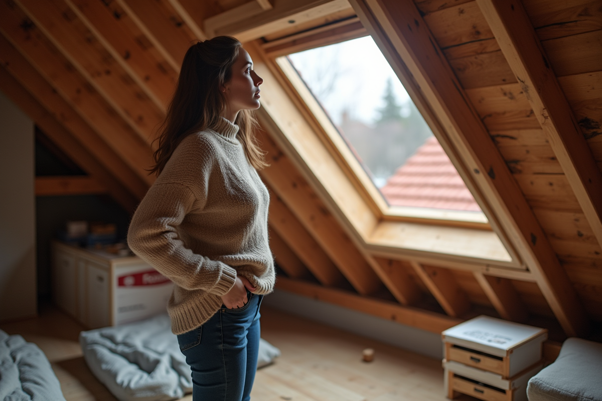 Jeune femme regardant un toit rénové depuis un grenier