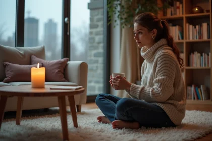 Femme assise pr&egrave;s d'une bougie dans un salon moderne