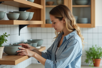 Femme arrangeant des bols en céramique dans une cuisine chaleureuse