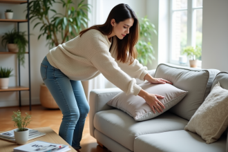 Femme arrangeant des coussins dans un salon moderne lumineux