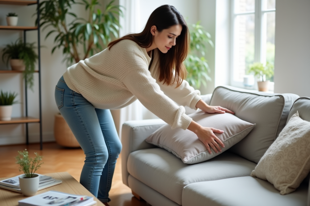 Femme arrangeant des coussins dans un salon moderne lumineux