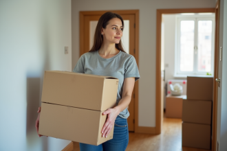Femme en déplacement portant des cartons dans un couloir