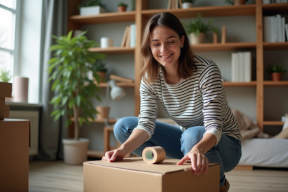 Jeune femme emballe un carton dans un salon chaleureux