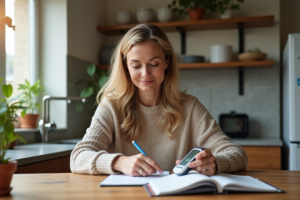 Femme m&eacute;ditant avec un compteur d &eacute;nergie dans la cuisine