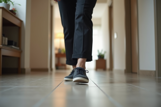 Femme en tenue professionnelle entrant dans un appartement moderne