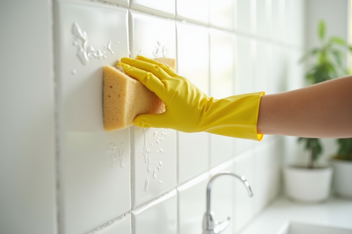 Femme portant des gants jaunes utilisant une éponge naturelle pour nettoyer un mur blanc
