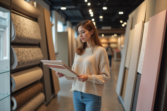 Femme examinant des échantillons de papier peint coloré