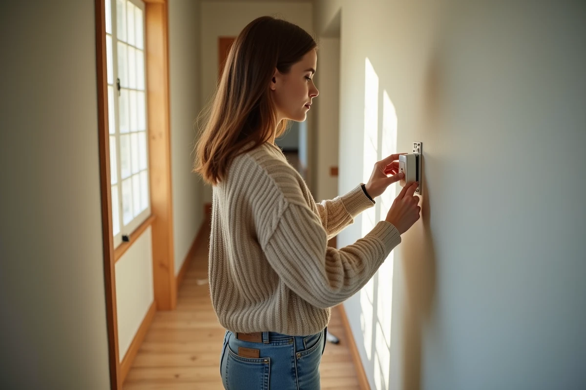 Jeune femme regardant une prise électrique dans un couloir lumineux