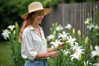 Femme dans son jardin avec des lys blancs en fleurs