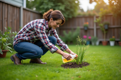Femme en denim versant du vinaigre sur des mauvaises herbes dans le jardin