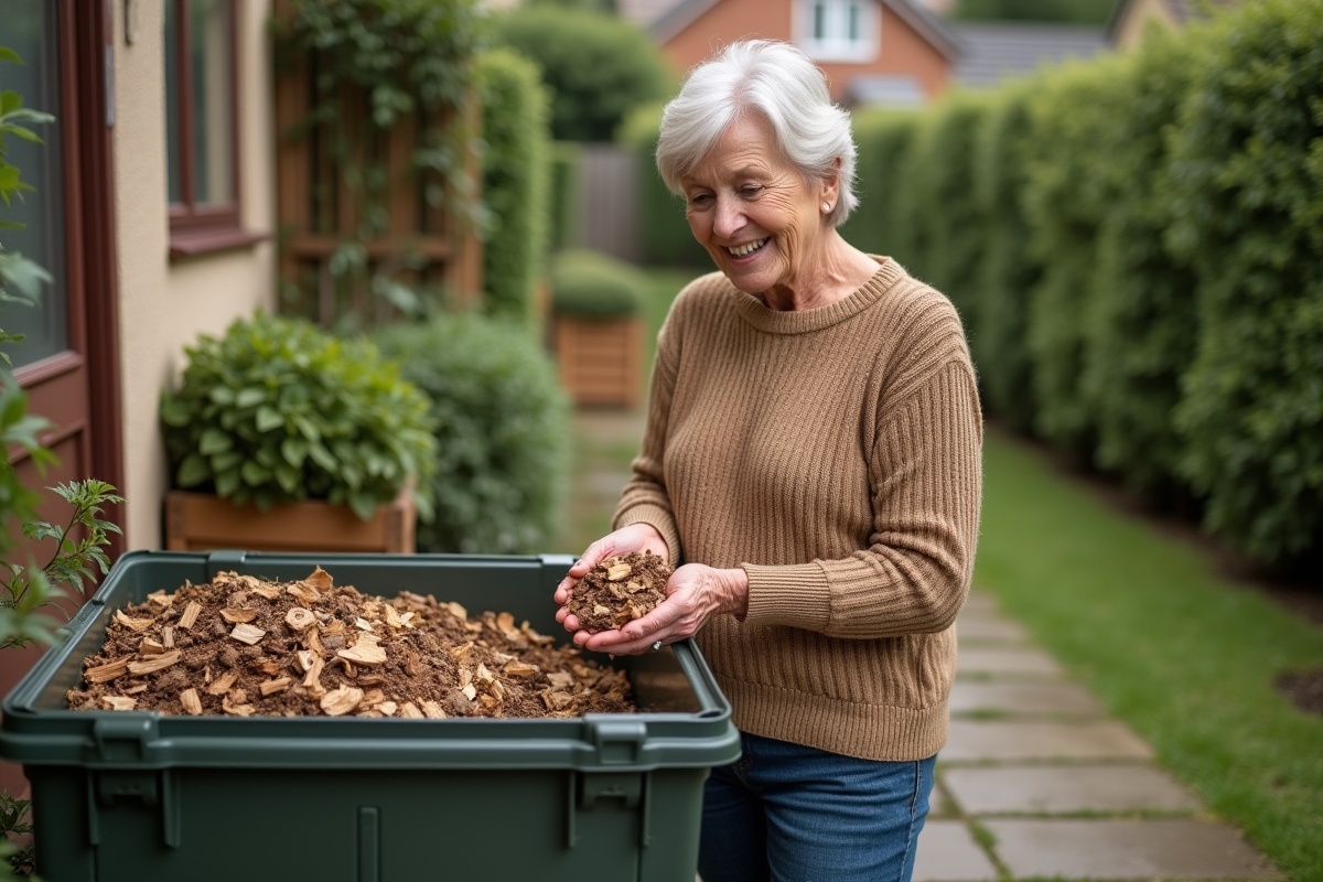 Femme âgée examinant du mulch en jardinage domestique