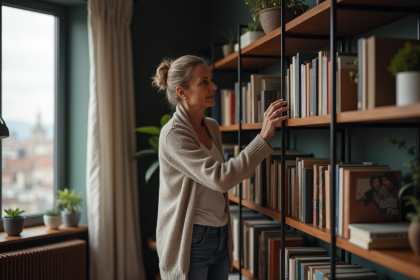 Femme d'âge moyen arrangeant des livres dans un salon cosy
