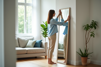 Femme ajustant un grand miroir dans un salon lumineux