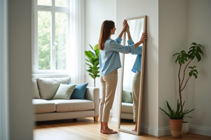 Femme ajustant un grand miroir dans un salon lumineux