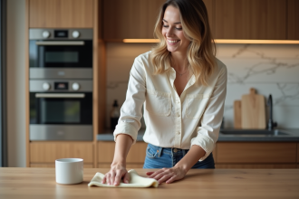 Femme nettoyant un plan de travail en bois dans une cuisine moderne