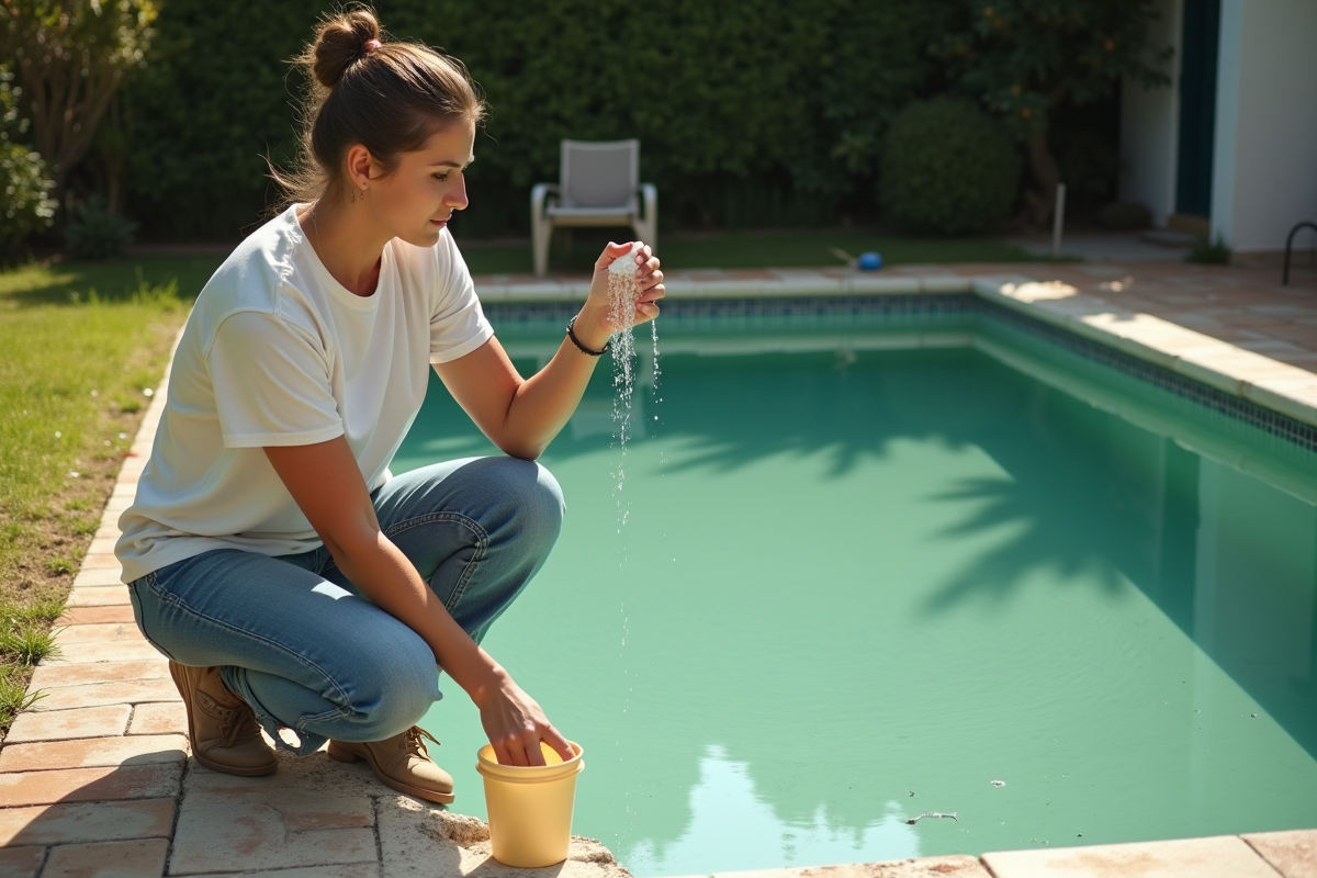 Femme en jeans et T-shirt versant du bicarbonate dans une piscine sale