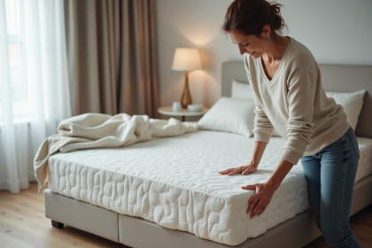 Femme plie un matelas en mémoire de forme dans une chambre moderne