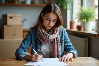 Jeune femme remplissant des formulaires de changement d'adresse