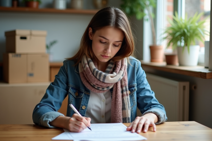 Jeune femme remplissant des formulaires de changement d'adresse