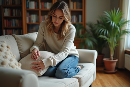 Femme dans la quarantaine retire des coussins d'un vieux canapé