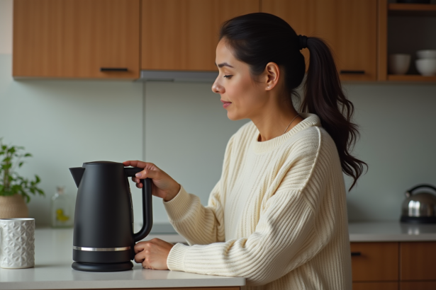 Femme d'âge moyen inspectant une bouilloire électrique dans la cuisine