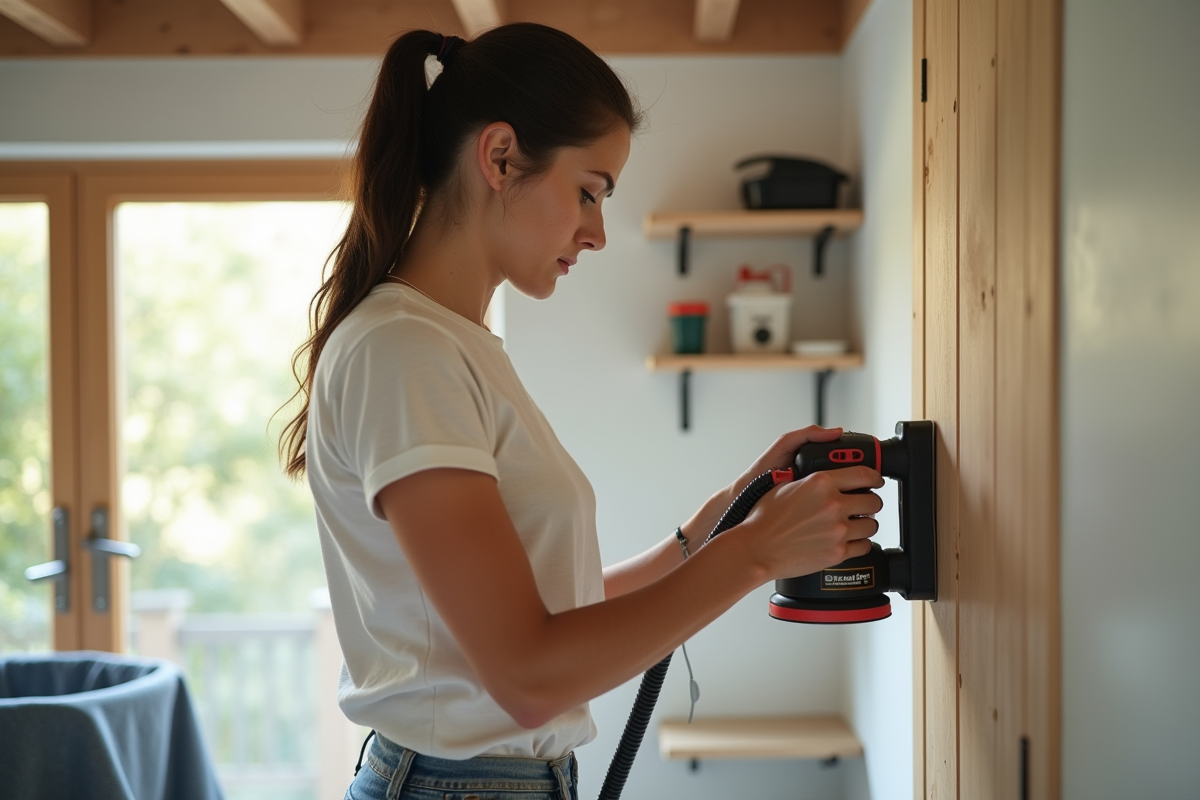 Jeune femme posant un sander sur un mur peint dans une pièce lumineuse