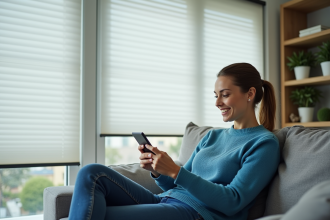 Femme souriante utilisant un smartphone pour contrôler des volets roulants modernes