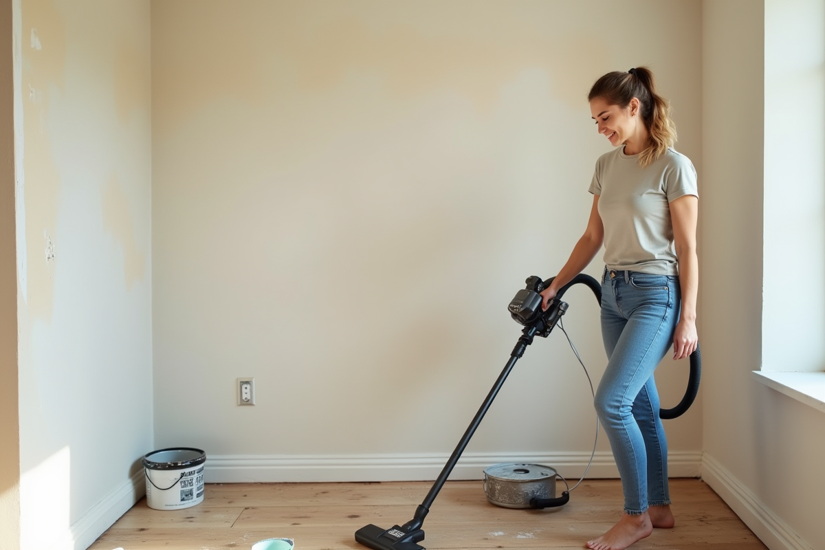 Jeune femme aspirant un mur sandé dans une pièce rénovée