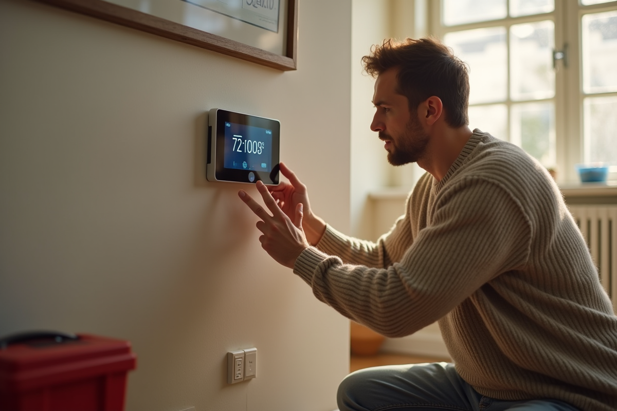 Propriétaire inquiet vérifiant un thermostat numérique moderne