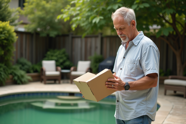 Homme d'âge moyen tenant une boîte de bicarbonate près d'une piscine verte