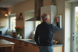 Homme d'âge moyen vérifiant la chaudière dans la cuisine