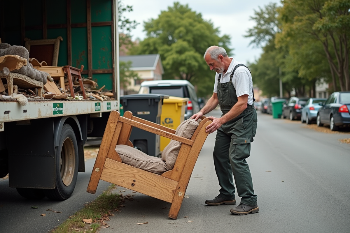 Homme en tenue de travail charge un vieux canapé sur un camion