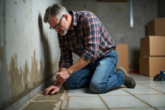 Homme d'âge moyen inspectant un mur humide dans un sous-sol