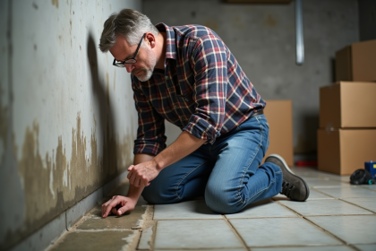 Homme d'âge moyen inspectant un mur humide dans un sous-sol