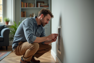 Homme vérifiant une ventilation moderne dans un salon