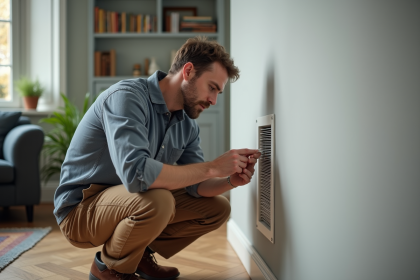 Homme vérifiant une ventilation moderne dans un salon